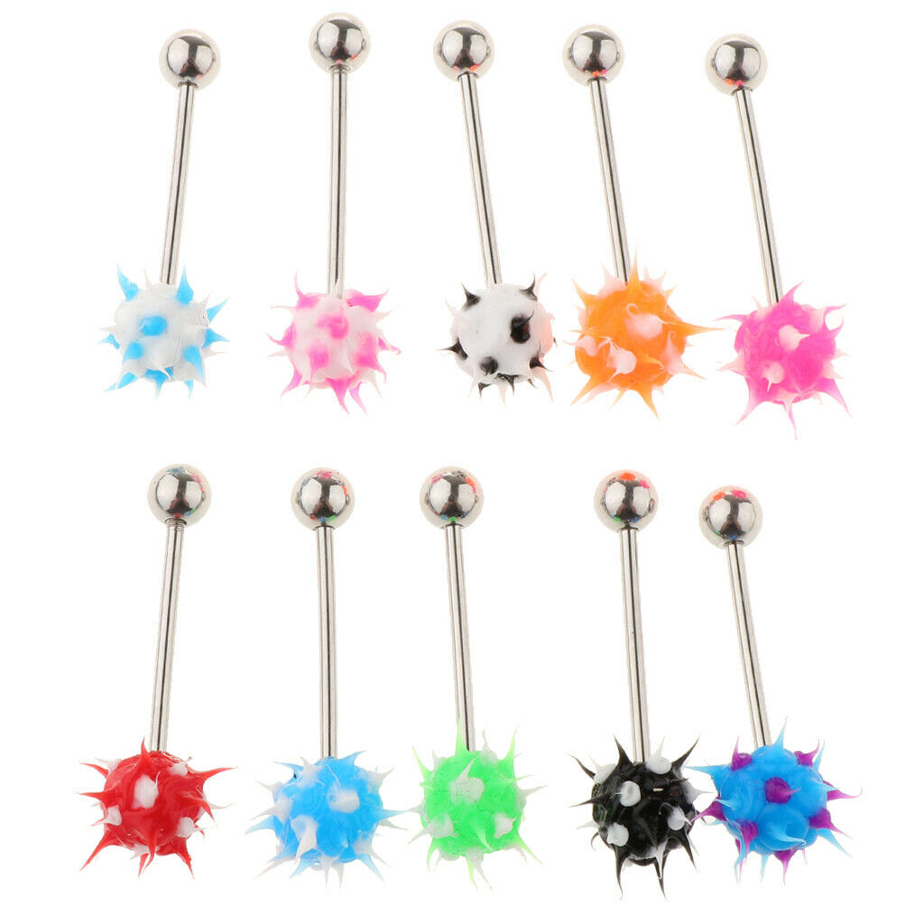 10Pcs Lip Tongue Bar Ring Straight Barbell Stainless Steel Silicone Ball 14G