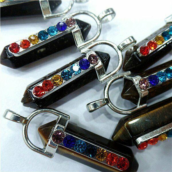 20Pcs 41x8mm Natural Tiger Eye Gem 7 Chakra Point Healing Hexagon Pendant HH8047