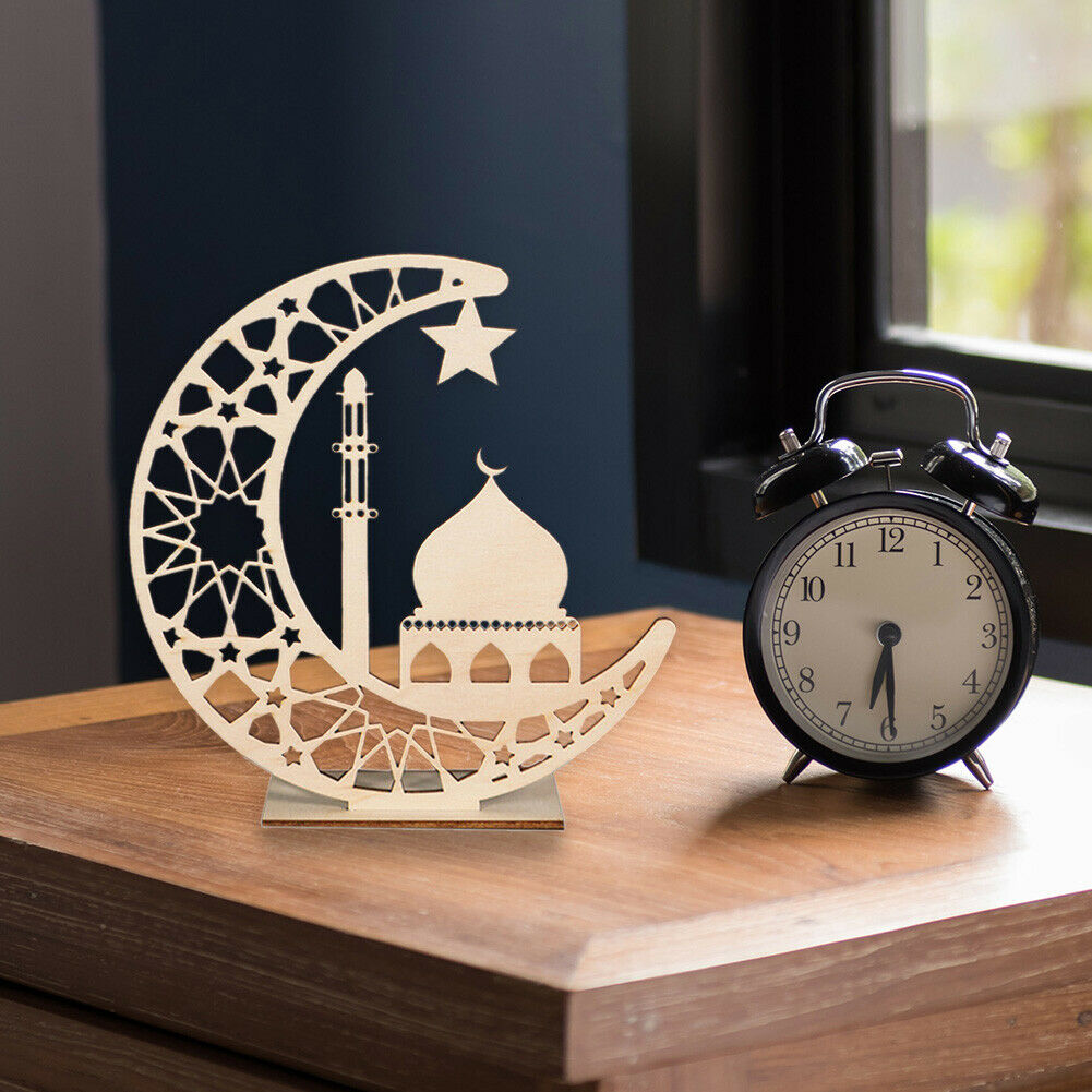 LED Moon Desktop Lights Wooden Craft Candle Lamps Ramadan Decoration (B)  @
