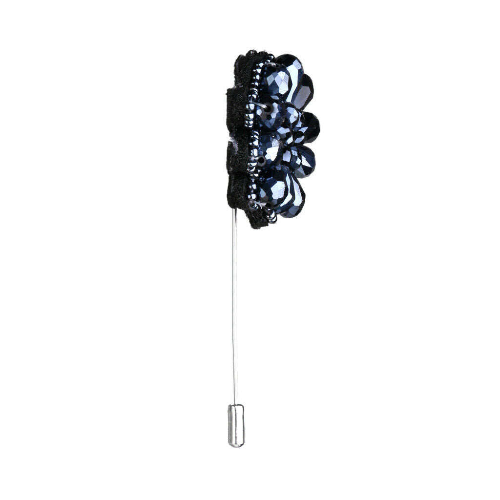 Crystal Beaded Flower Stick Brooch Tuxedo Corsage Tie Hat Pin Navy Blue