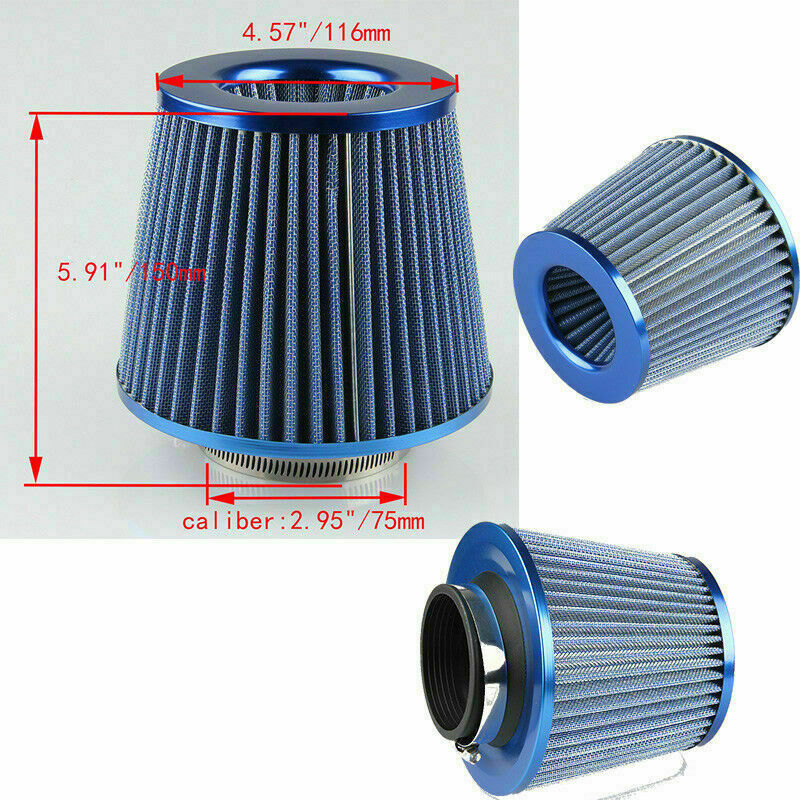 Car Cold Air Intake Cone Filter Cleaner with Flange 75mm 3" Inlet Universal Blue