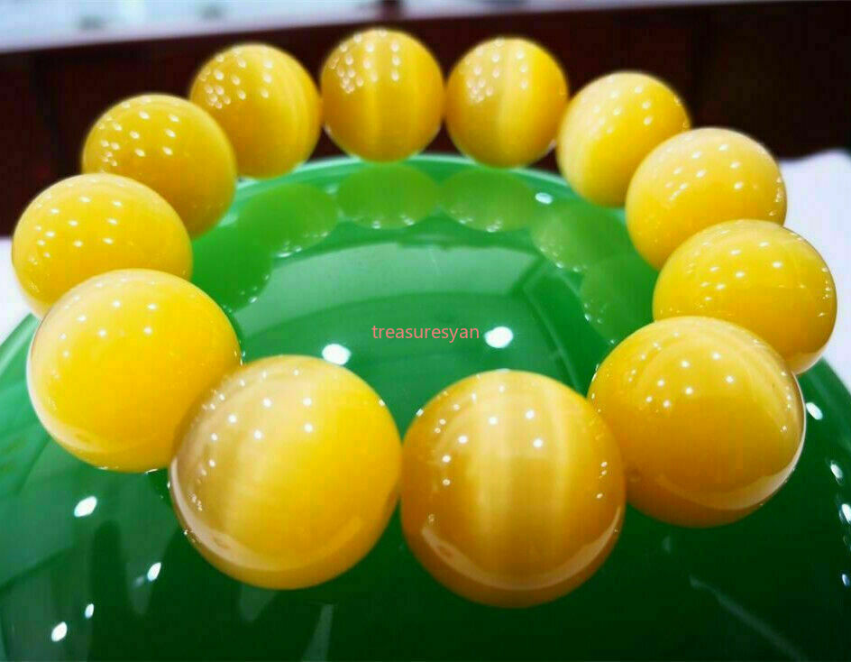Beautiful yellow cat's eye stone beads bracelet Jewelry 20mm 7.5"A++