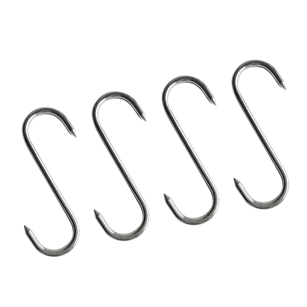 Lot of 4, Large S Shaped Stainless Steel Metal Hooks Kitchen Meat Hanger