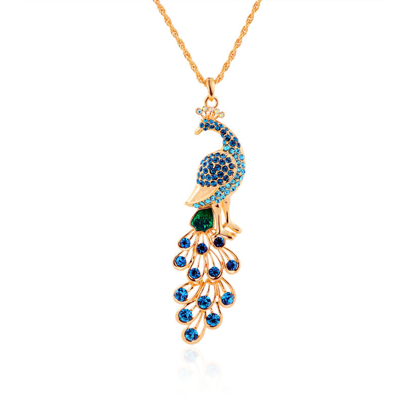 Blue Colorful Crystal Rhinestone Big Peacock Animal Pendant Necklace 2019