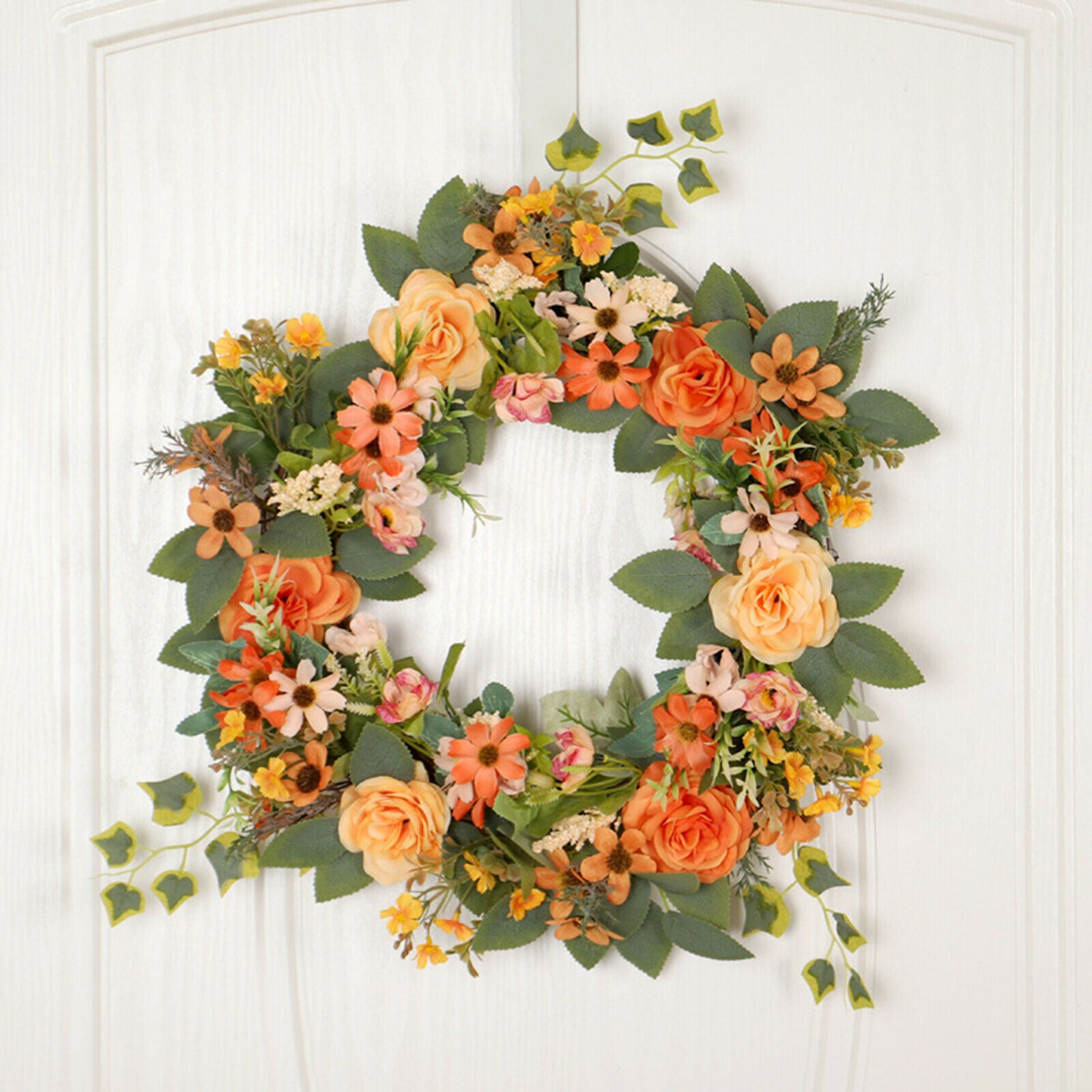 Round Front Door Wreath Floral Peony Daisy Garland Plastic Leaves Decoration