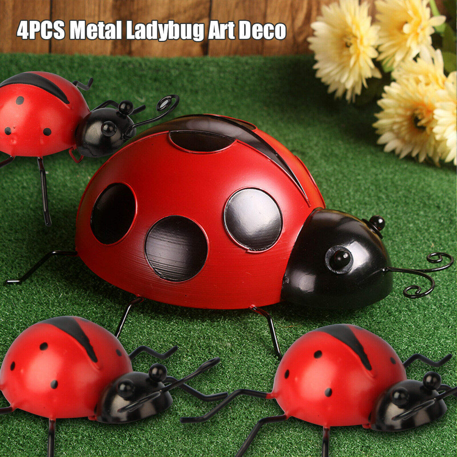 4pcs Metal Bugs Ladybugs Wall Ground Fence Garden Outdoor Art Decoration ladybug