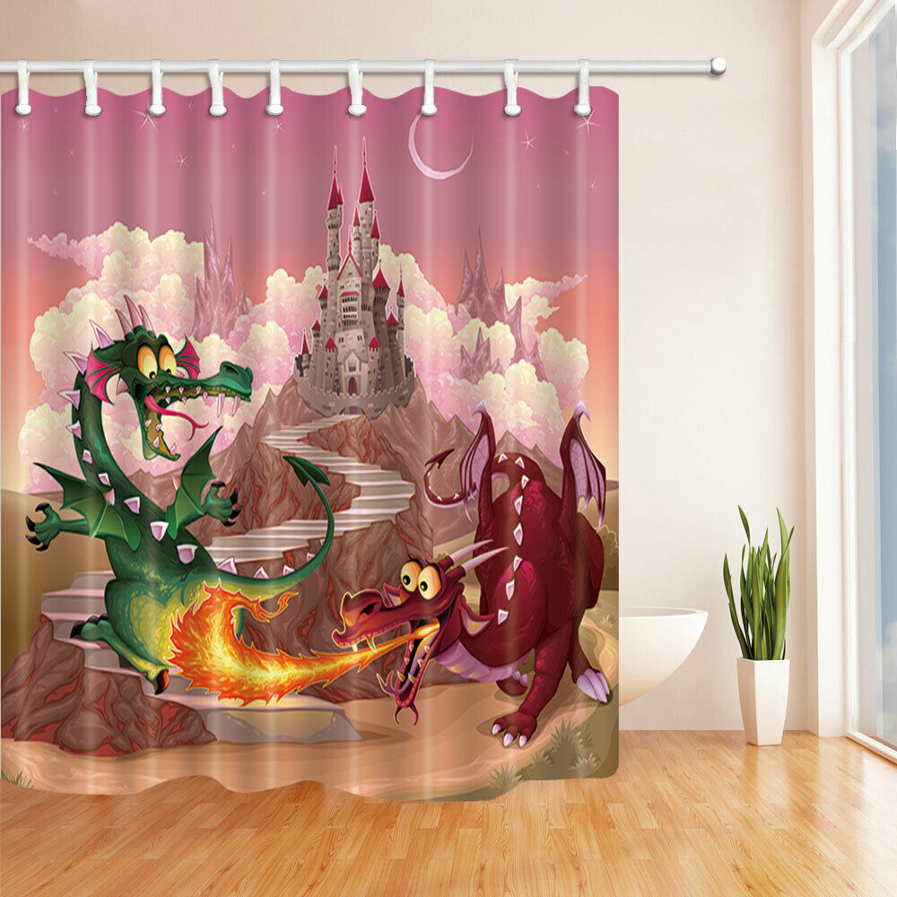Cartoon Fire Breathing Dragon Fabric Bathroom Shower Curtains & Hooks 71Inch