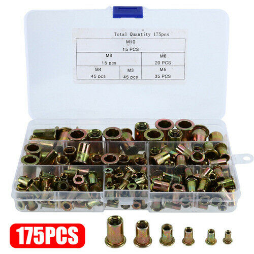 175Pcs M3-M10 Carbon Steel Color Zinc Plated Vertical Grain Flat Head Rivet Nut