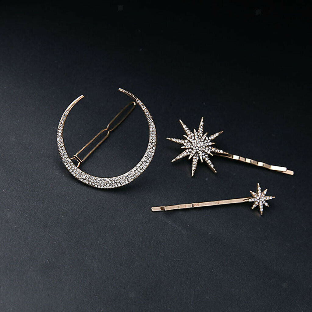Retro Moon and Star Hairpins, 3 Pieces hair Clips, Shiny Rhinestone Headpiece