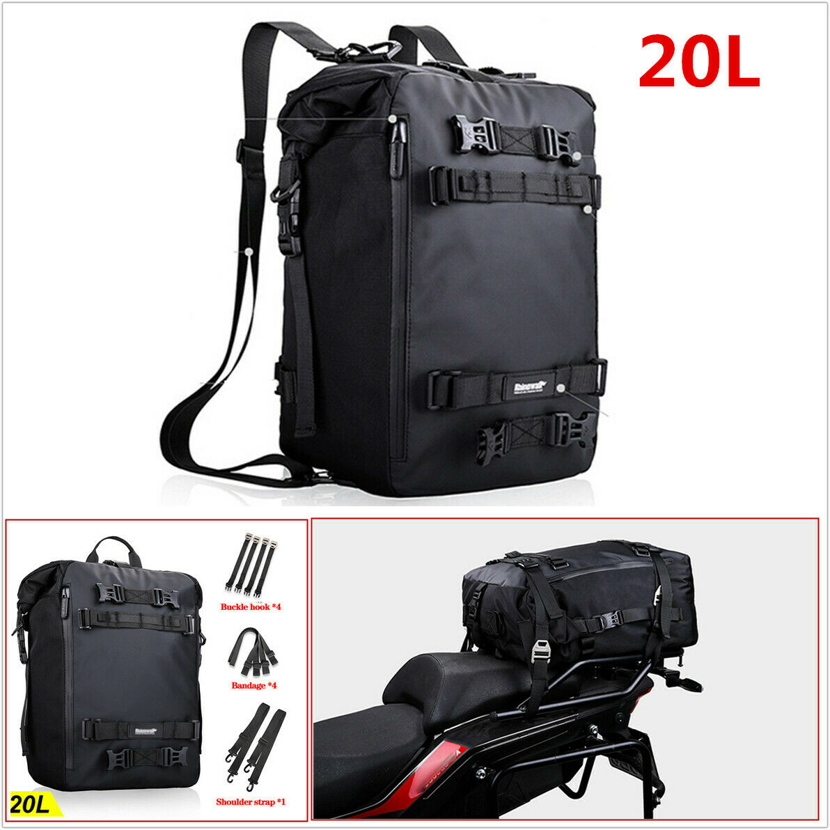 20L Motorcycle Rear Seat Bag Tail Luggage Storage Backpack Waterproof Rear Bag