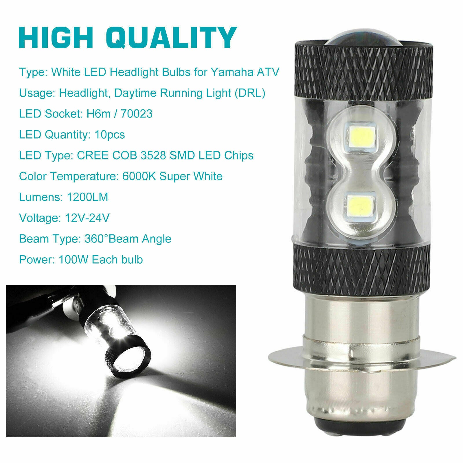 2PC 6000K HID White H6M LED Headlight For Yamaha YFZ450R Rhino 700 Raptor YFM660