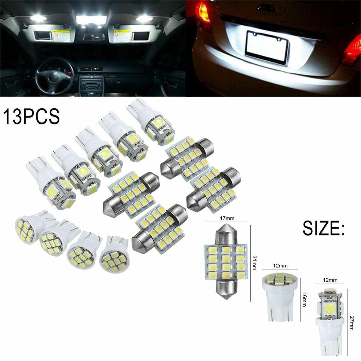 13X DC12V Car White LED Lights Kit for Stock Interior Dome License Plate Lamps
