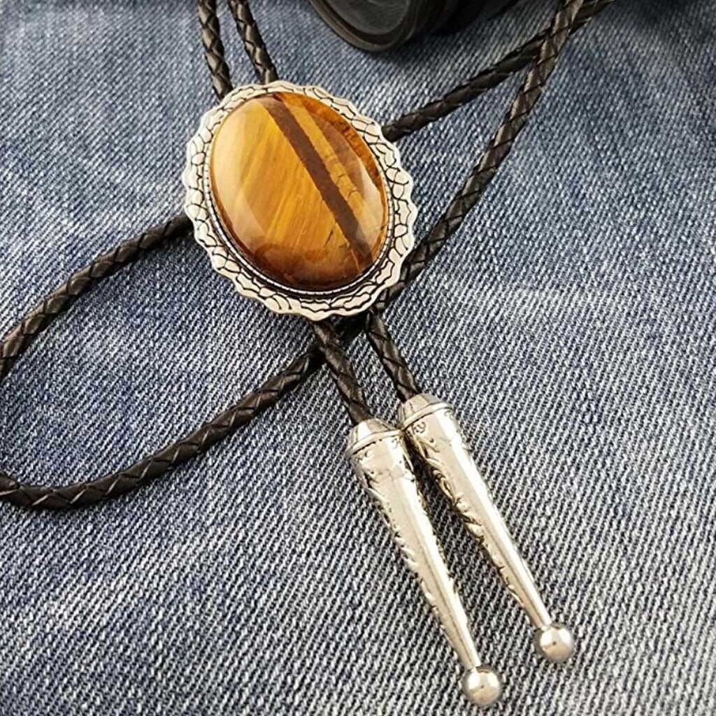 Western Cowboy Natural Tiger Eye Stone Bolo Tie