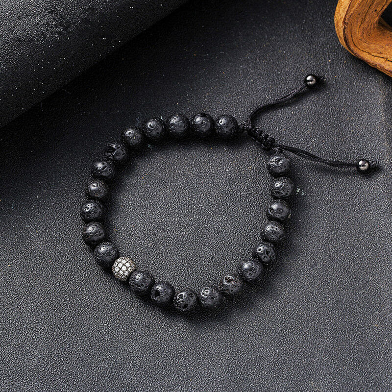 New Fashion Men's Black Volcanic Bracelet Beads Lava Stone Zircon Ball Bracelets