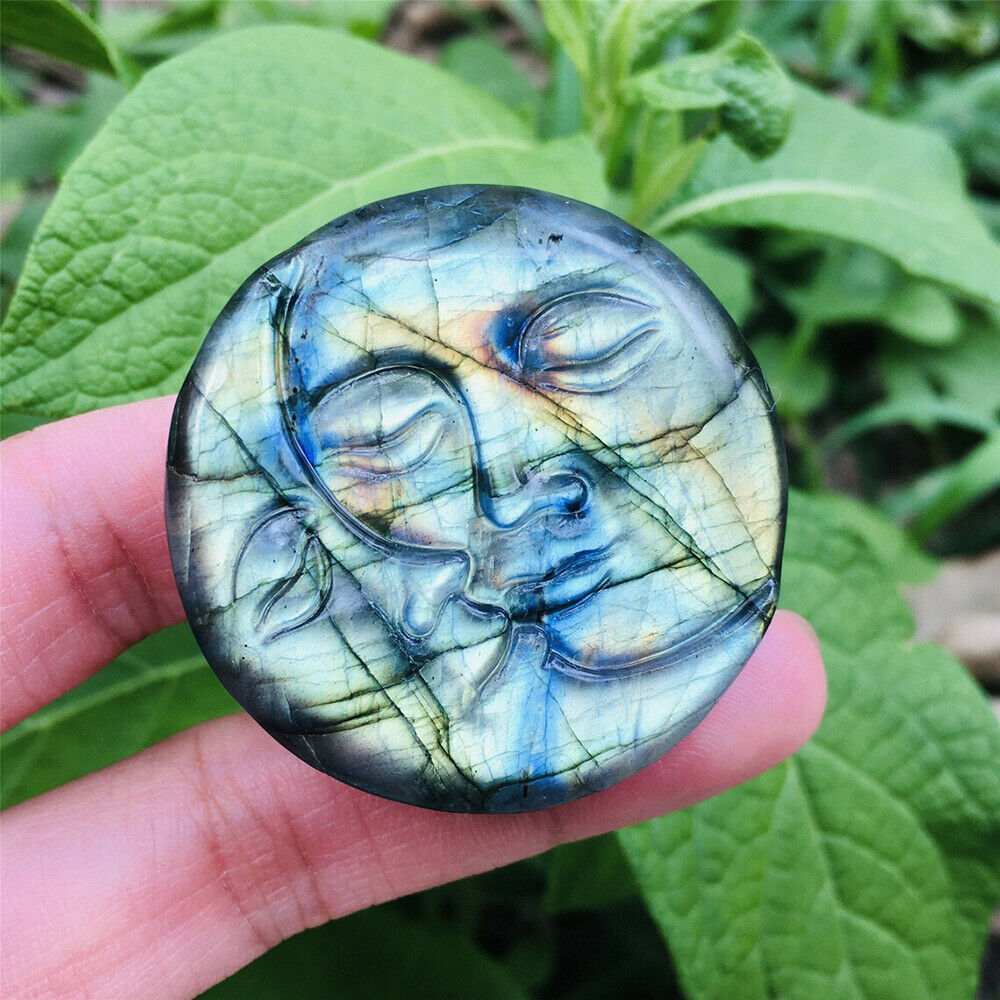 Natural Moon Sun Kiss Face Labradorite Crystal Carved Rainbow Healing Decoration