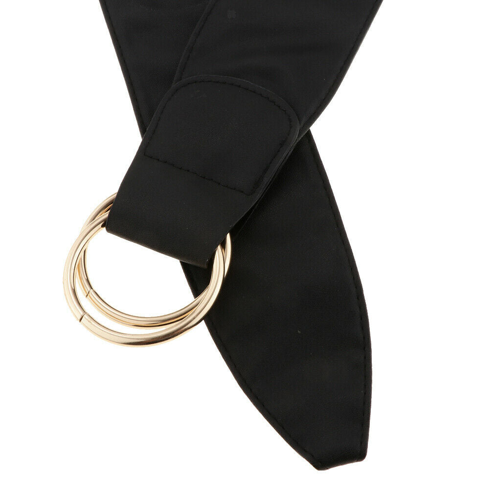 Women Girdle Double Round Buckle Waistband Retro PU Leather Belly Belt Black