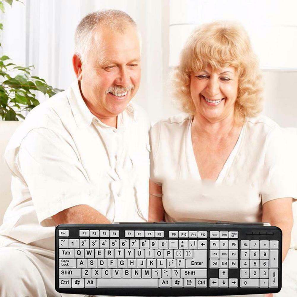 107 Keys USB Wired Large Print White Keys Black Letter Keyboard for Elderly Old