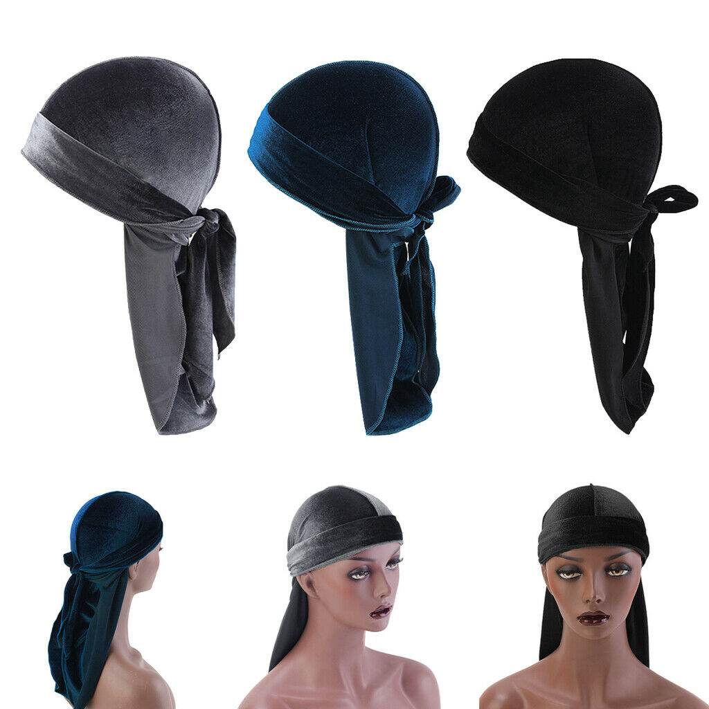 3 Pieces Women Mens Velvet Bandana Hat Durag Long-Tail Headwear Chemo Hat