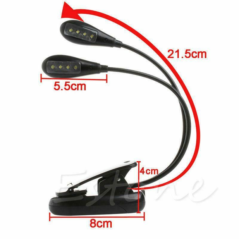 Flexible 2Dual Arms Clip On 8LED Light for Book Reading Camping Hiking Lamp Bulb