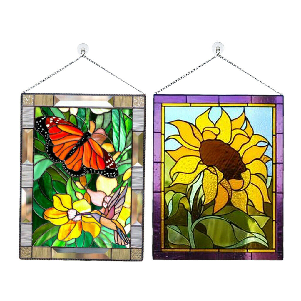 2pcs Stained Glass Rectangle Window Panel Handcrafted Pendant 8x6 Inches