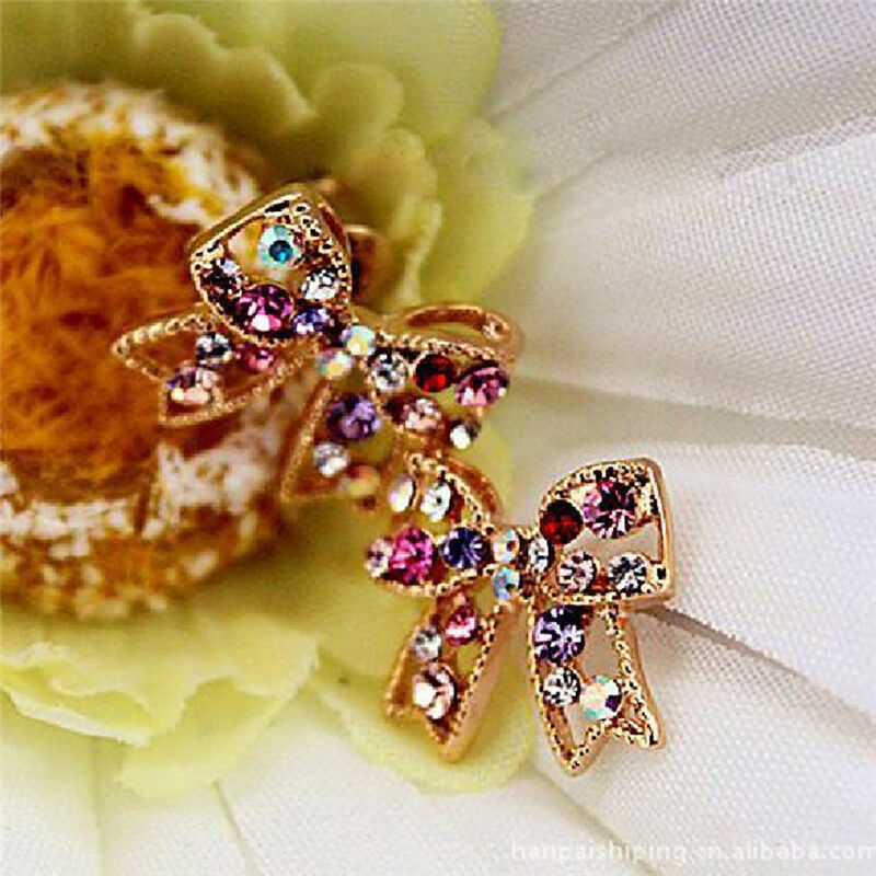Charming Girl's Colorful Crystal Rhinestone Golden Bowknot Charm Stud Earring LQ