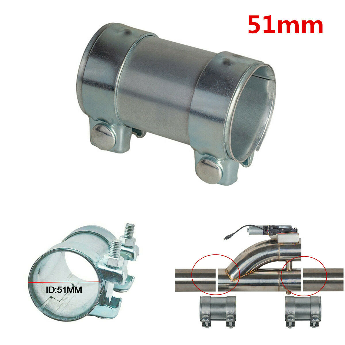 51mm Exhaust Pipe Connector Sleeve Double Clamp Tube Adapter Stainless Steel