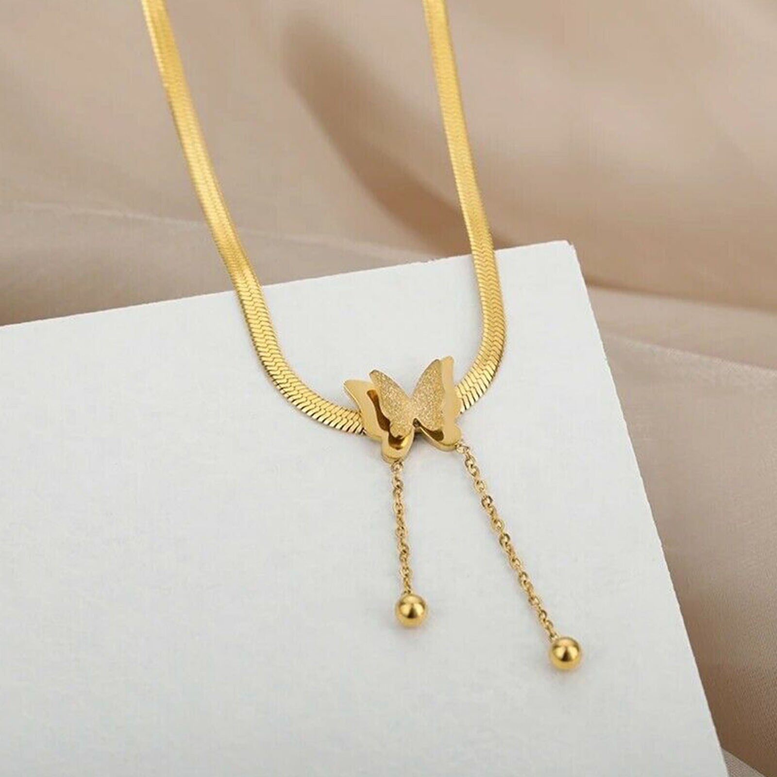 Women Butterfly Pendant Choker Adjustable Chain Charm Stainless Steel Necklace