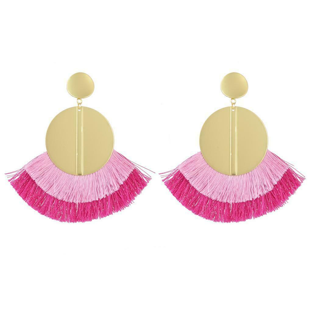 Cotton Tassel Thread Dangle Sequins Disc Earrings Boho Ethnic Earring Pink