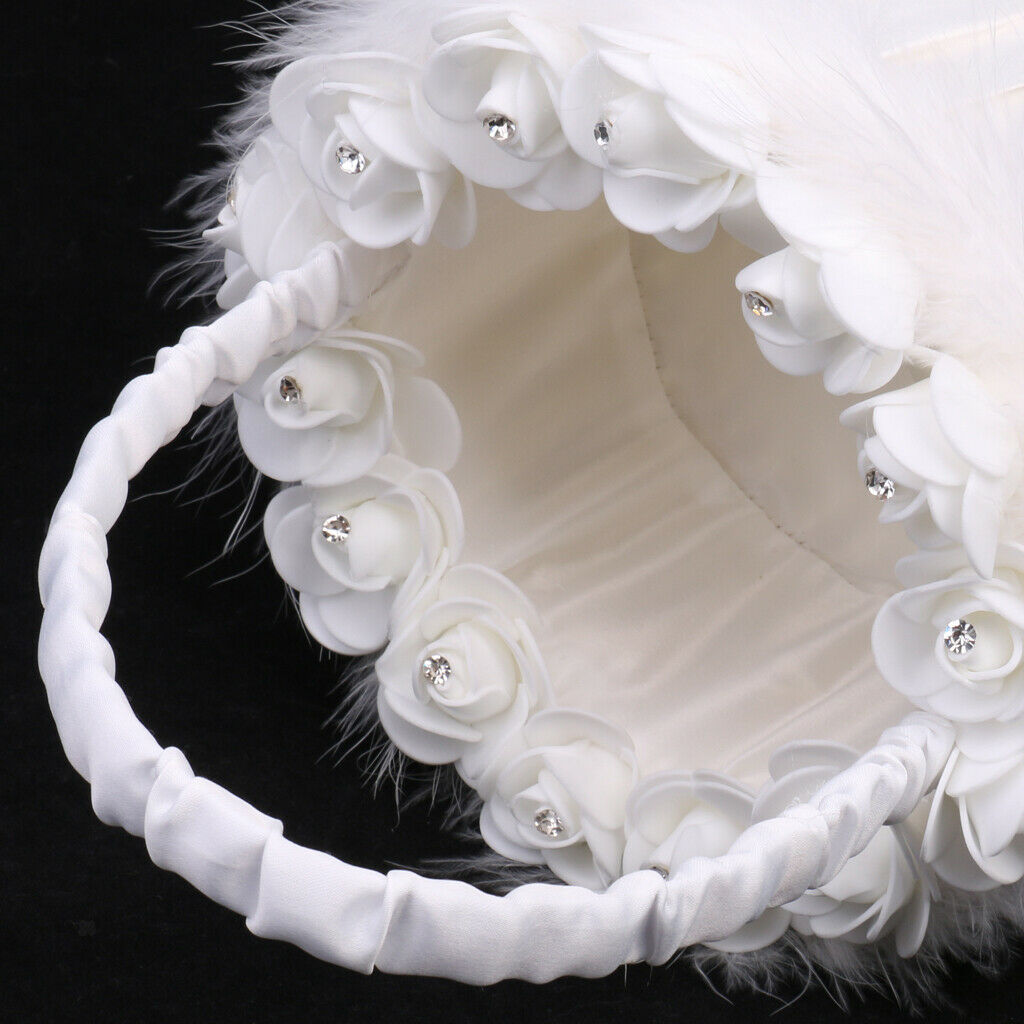 White Satin Feather Crystal Rose Wedding Party Ceremony Flower Girl Basket