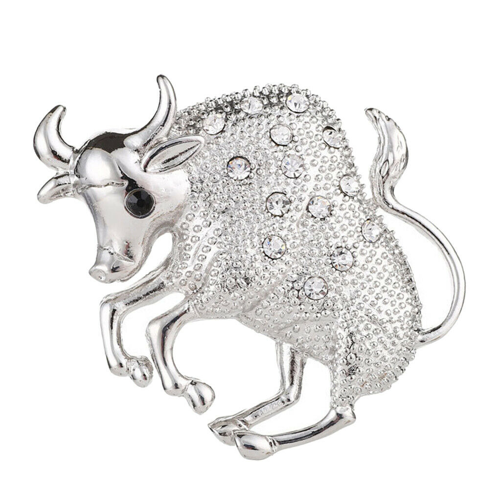 Silvery Tone Clear Crystal Rhinestone Cow Animal Brooch Pin For Men Women