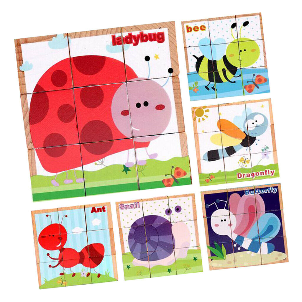 6 in 1 Wooden Animals/Insects Block Puzzle  Blocks Toddler Kids Toys