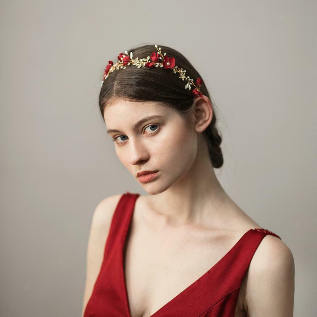 Bridal Rhinestone Flower Tiara  Hairband Wedding Hair Decor Wine Red