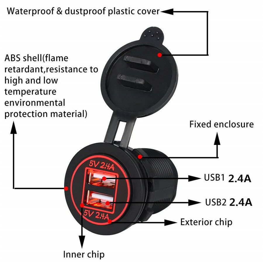 12V Waterproof Dual 2.4A USB Charger Socket Power Outlet Red LED For Motorcycles