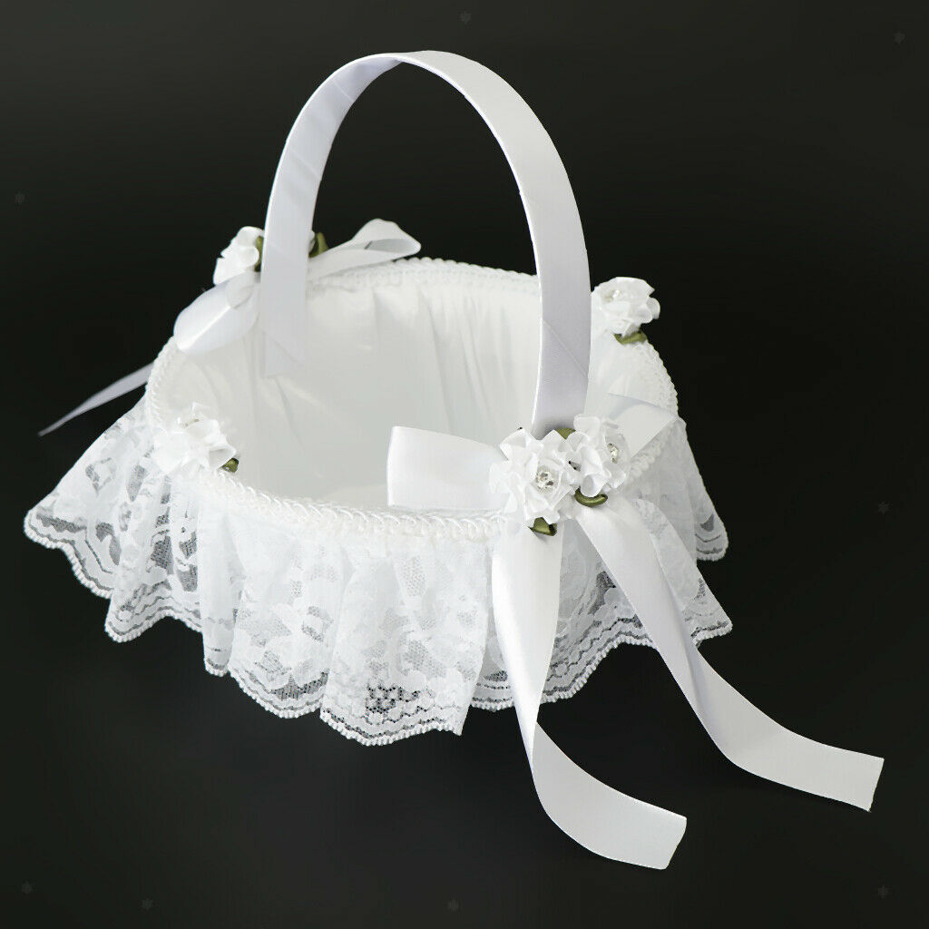 Satin Roses Lace Wedding Bridal Flower Girl Basket with Ribbon Bowkot White