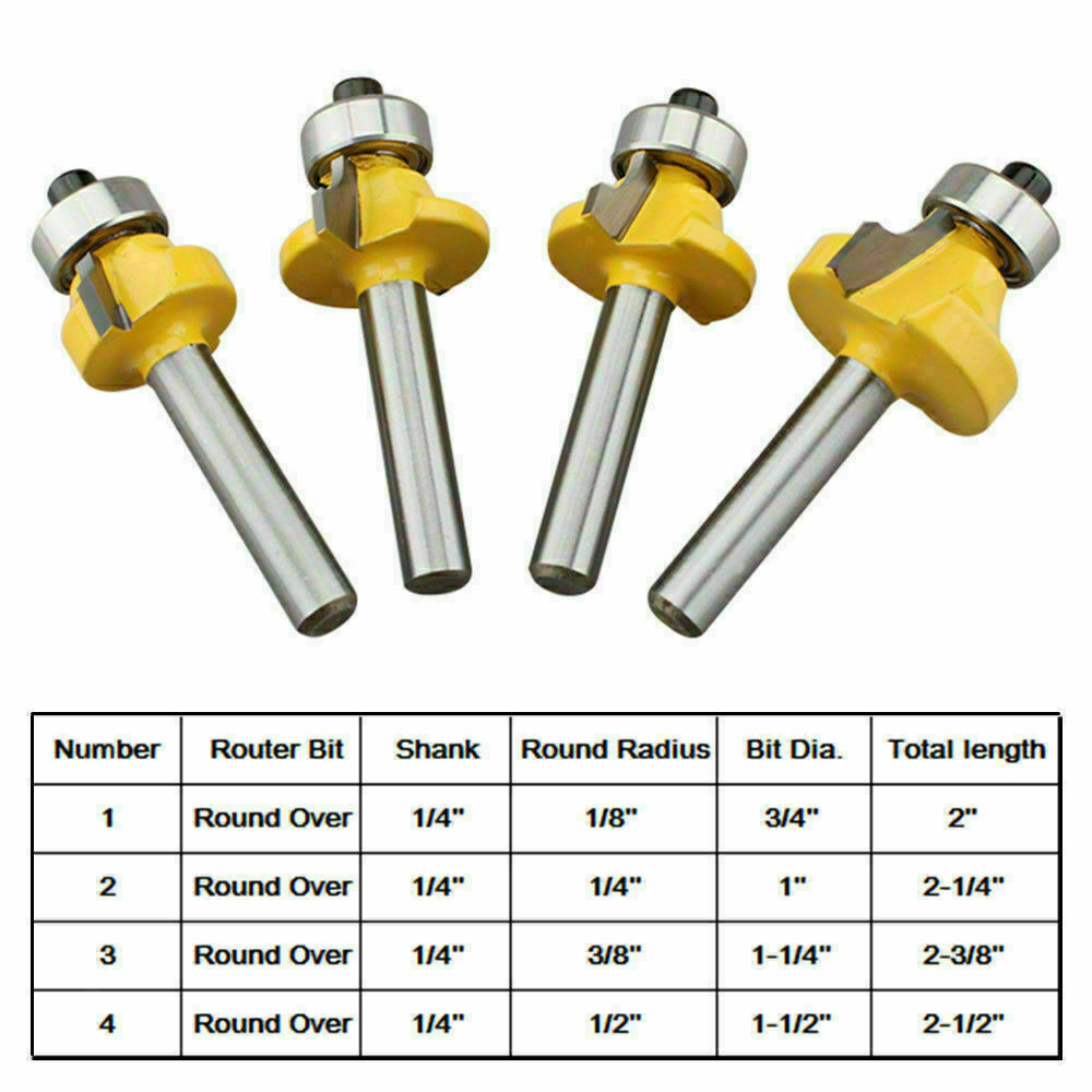 4Pcs 1/4" Shank Roundover Edging Router Bit Set Woodworking Milling Cutter