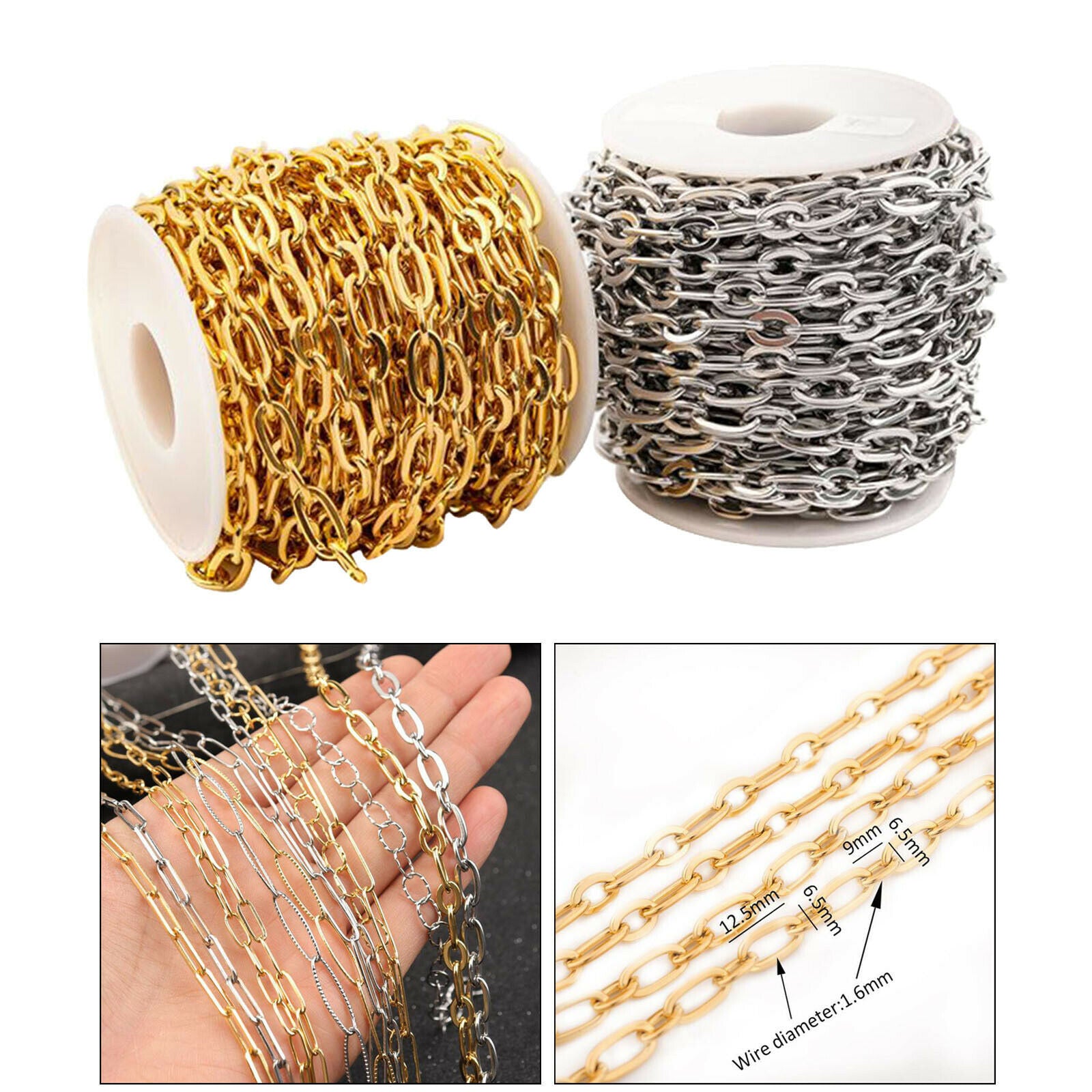 2 Roll Stainless Steel Cable Chain Link in Bulk for Necklace Jewelry Makings