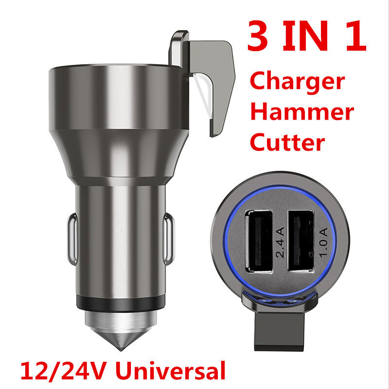 3in1 Multifunction LED Dual USB Auto Car Phone Charger Safety Hammer Belt Cutter