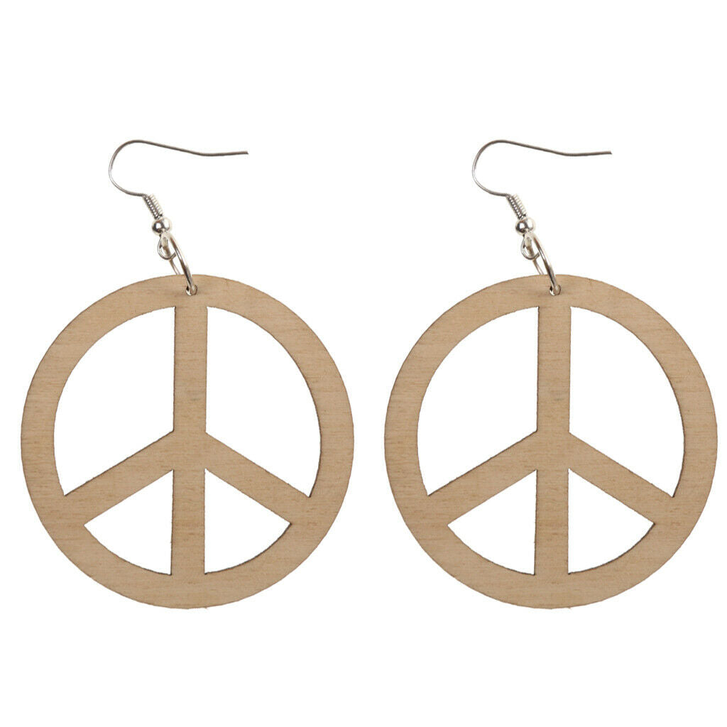 Hollow Anti War Peace Sign Wooden Drop Dangle Hook Earrings
