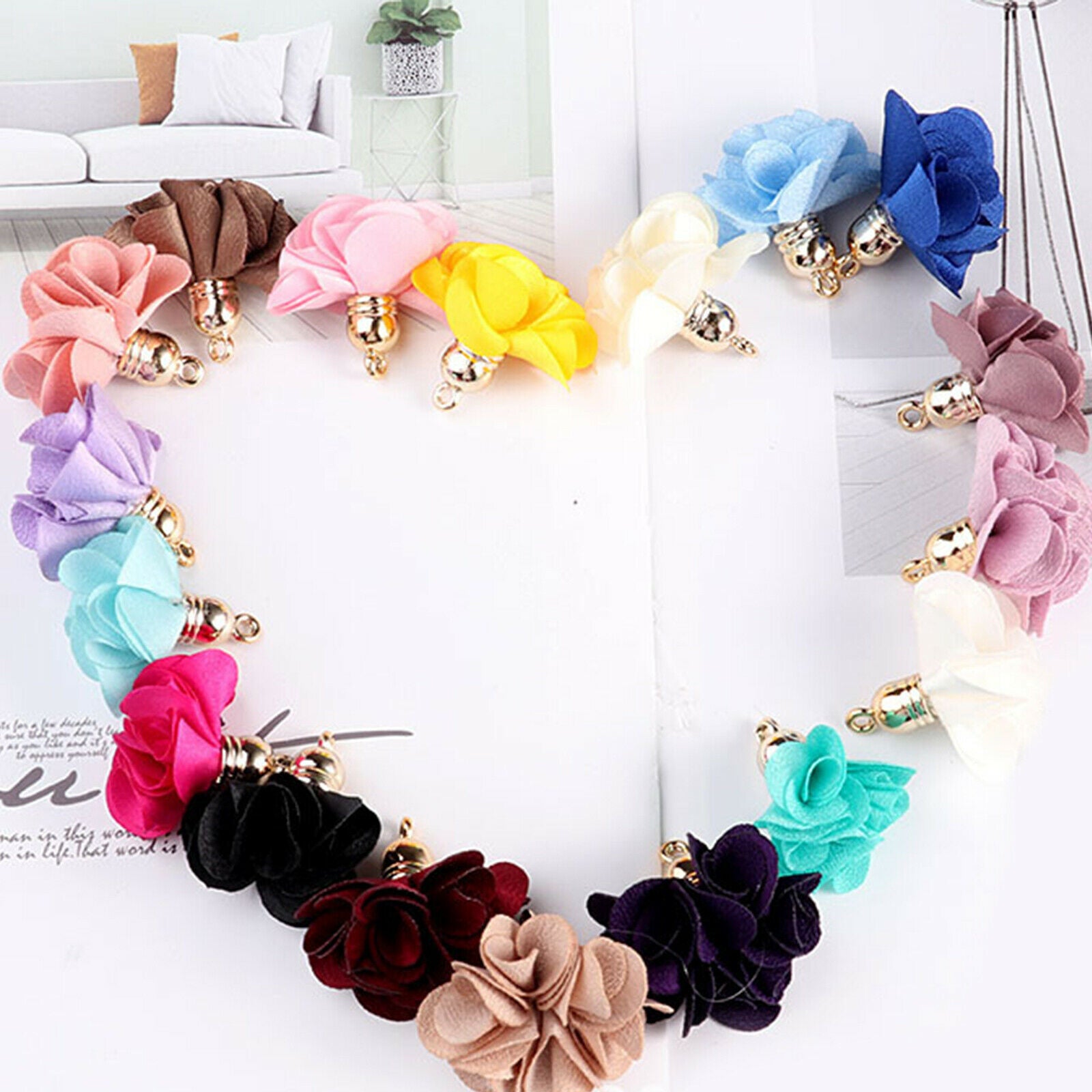 Set of 100 Cloth Flower Petal Pendants Tassel Charms Mixed Color DIY Crafts