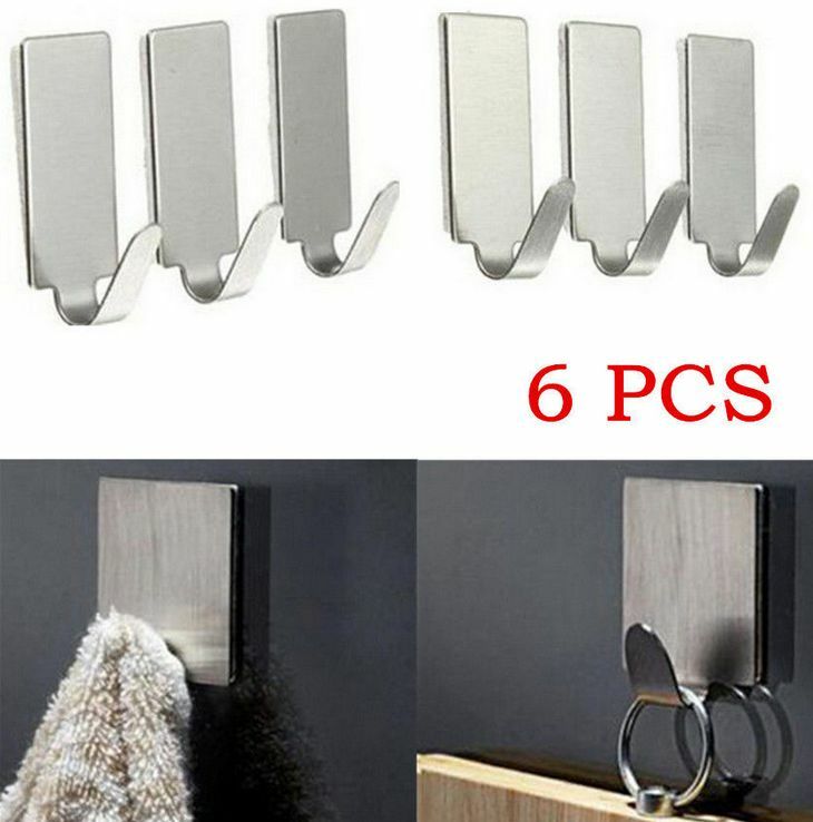 6pcs/SET Adhesive Kitchen Wall Door Stainless Steel Stick Holder Hook Hanger Kit