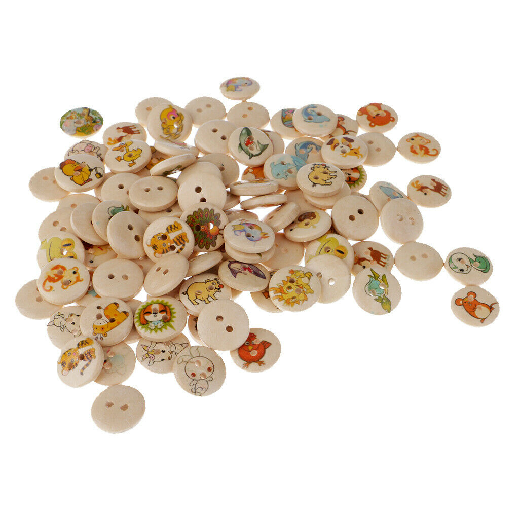 100x Round Animals Printed Wooden Flatback Buttons for Kids Crafts DIY 15mm