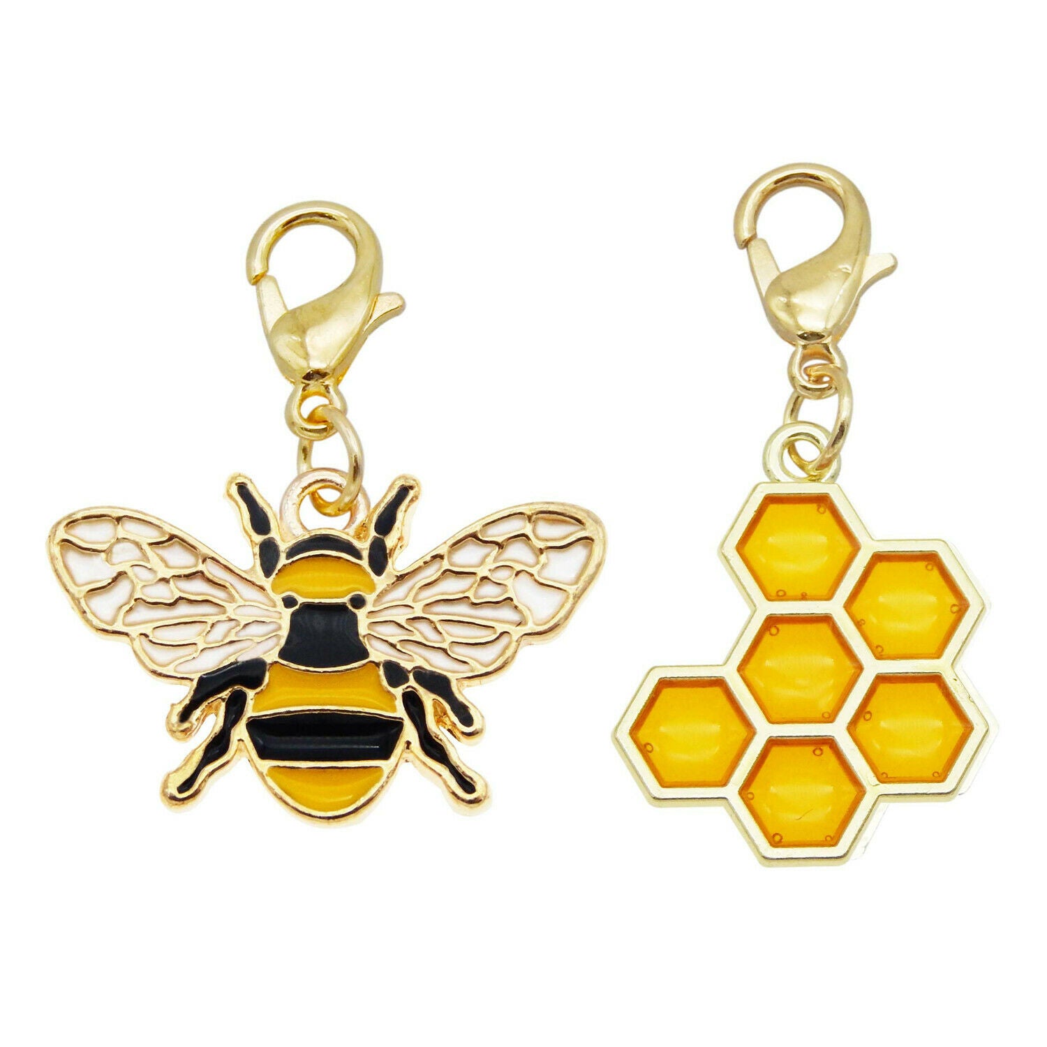 12 PCS Bulk Mini Golden Alloy Bee Charm Enamel Honeycomb Lobster Clasp Pendant