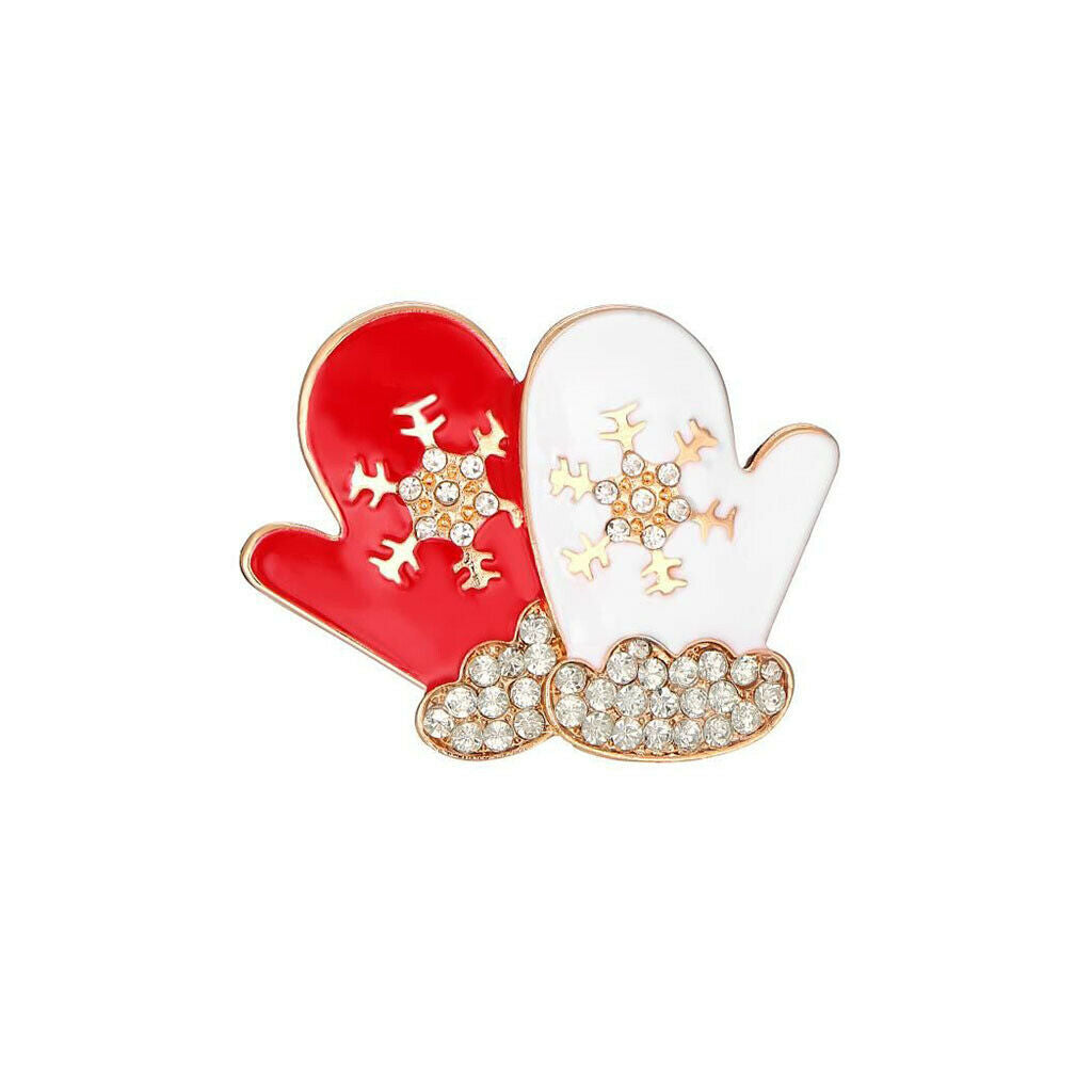 Chic Novel Red&White Enamel Christmas Snowflake Rhinestone Gloves Brooch Pin