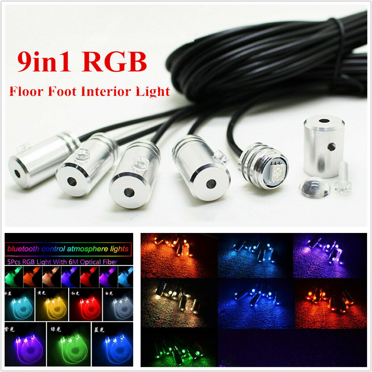 9in1 RGB LED 6M Car Interior Decor Neon EL Fiber Optical Strip Light App Control