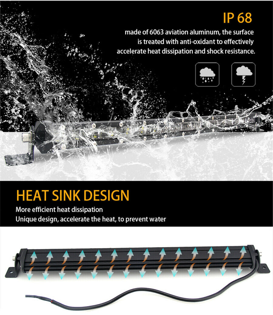 20'' 180W 18000LM Aluminum 6D Spot LED Work Light Bar Single Row Car SUV Lamp