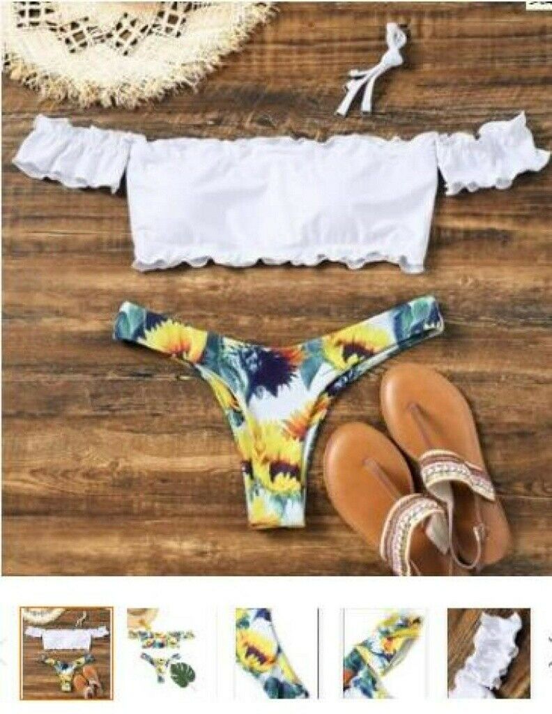 Women Sexy Off Shoulder Swimsuits Two Pieces Floral Padded Beachwear BikiniUS