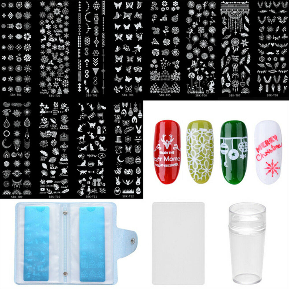 12 PCS Nail Stamping Plate+1ps Stamper Scraper+ 1 Card package Template Set