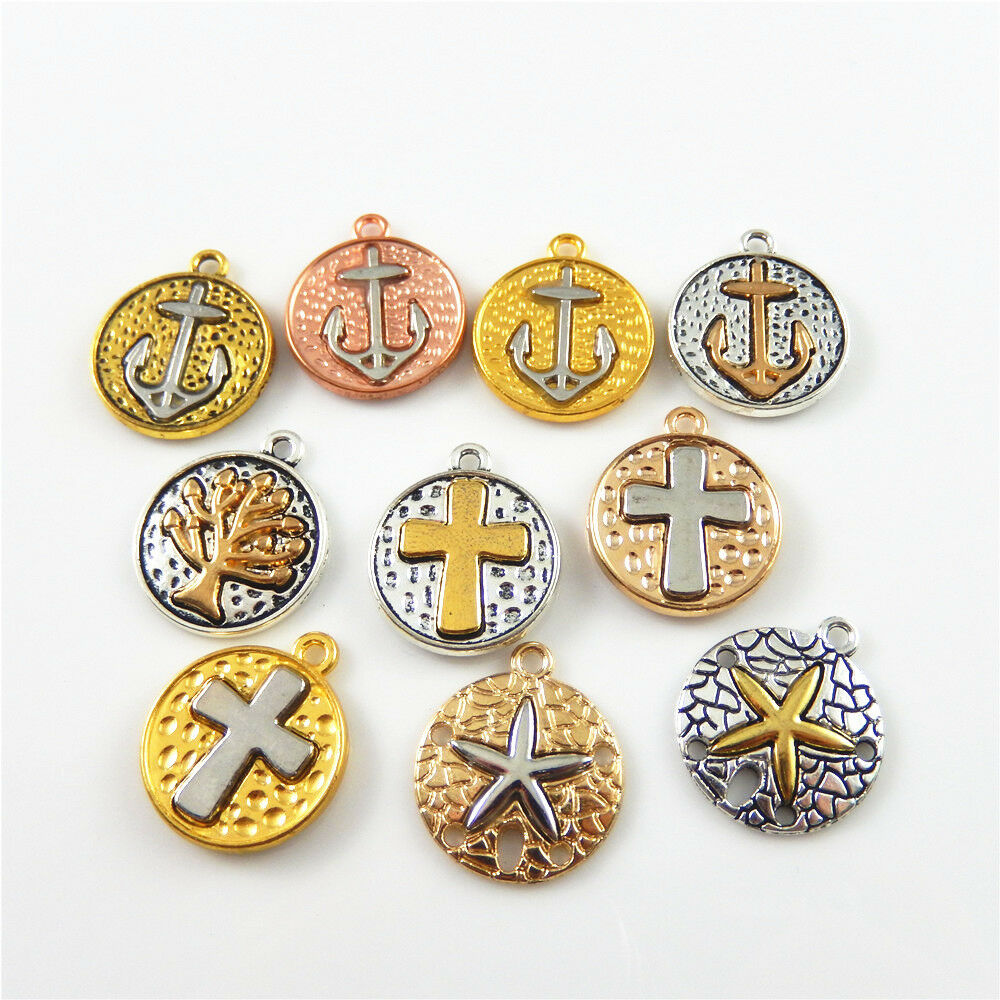 20 Assorted Cross Starfish Pendant Alloy Round Nautical Charm Jewelry Craft 19mm