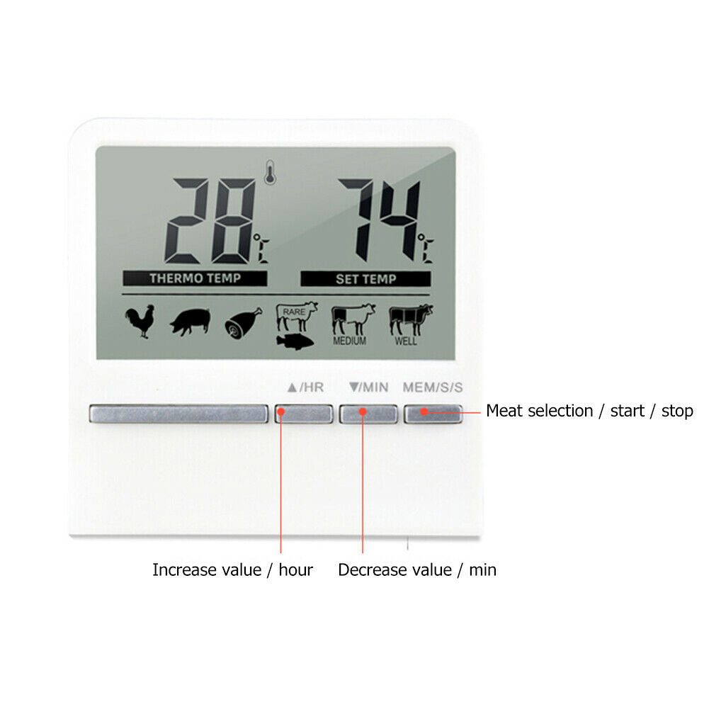 Digital Kitchen Grill Thermometer LCD Display Long BBQ Probe Cook Alarm Timer