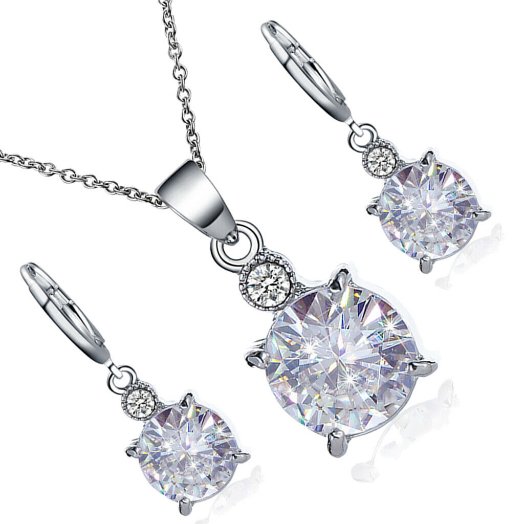 Round Zircon Crystal Bridal Pendant Necklace Earrings Jewelry Sets for Formal